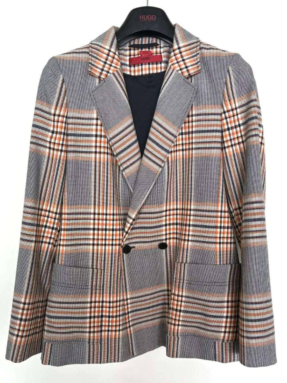 HUGO by HUGO BOSS women's blazer, US size 4, plaid cream navy orange pattern